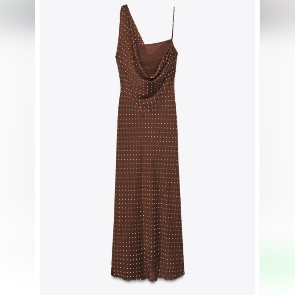 Zara Elegant Draped Neck Brown Polka Dot Maxi Formal Dress Sz-L